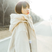 Nhật bản ban đầu dài dày cộng với nhung ấm áo khoác mùa đông dài tay trùm đầu lỏng lẻo bf vải to sợi áo khoác nữ áo khoác phao nữ đẹp