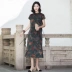 Váy lụa phụ nữ 2021 quần áo phụ nữ mới ngọn Xiangyun sợi ngắn tay sườn xám dài váy dâu tằm lụa A-line váy - A-Line Váy