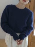 Синий демисезонный трикотажный приятный телу свитер с круглым воротником, французский стиль, по фигуре