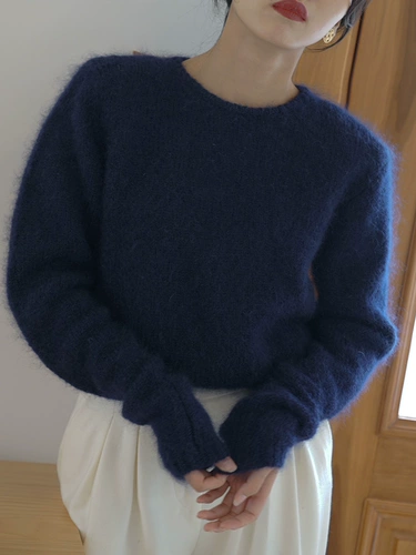 Синий демисезонный трикотажный приятный телу свитер с круглым воротником, французский стиль, по фигуре