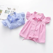 Mùa hè mới Hàn Quốc sọc cotton trẻ em áo sơ mi cô gái nước ngoài nhỏ bay tay áo của phụ nữ ngắn tay áo sơ mi