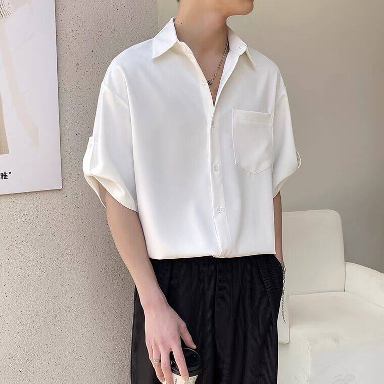 A light-mature and stylish men's short-sleeved Korean style trendy Instagram three-quarter sleeve shirt, a loose and high-end summer top Specification image