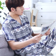 Đồ ngủ nam cotton mùa hè cotton lụa quần ngắn tay thanh niên Hàn Quốc phiên bản của lỏng thể thao phần mỏng dịch vụ nhà