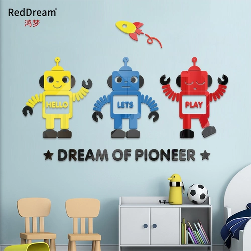 Креативный робот для детского сада для детской комнаты, акриловое трехмерное украшение на стену, наклейка, наклейки, в 3d формате