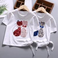 Cô gái ngắn tay áo 2018 trẻ em mới của sequins mặc hai mặt màu T-Shirt Little Girl trắng Tops trẻ em nửa tay áo áo thun đẹp bé trai