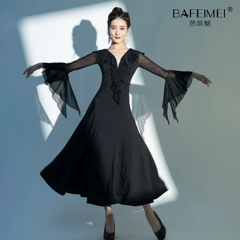 Новый современный латинский танцевальный юбка Country Standard Waltz Communication Dance Fun Sleeve Sleeping Performance Performance Clothes