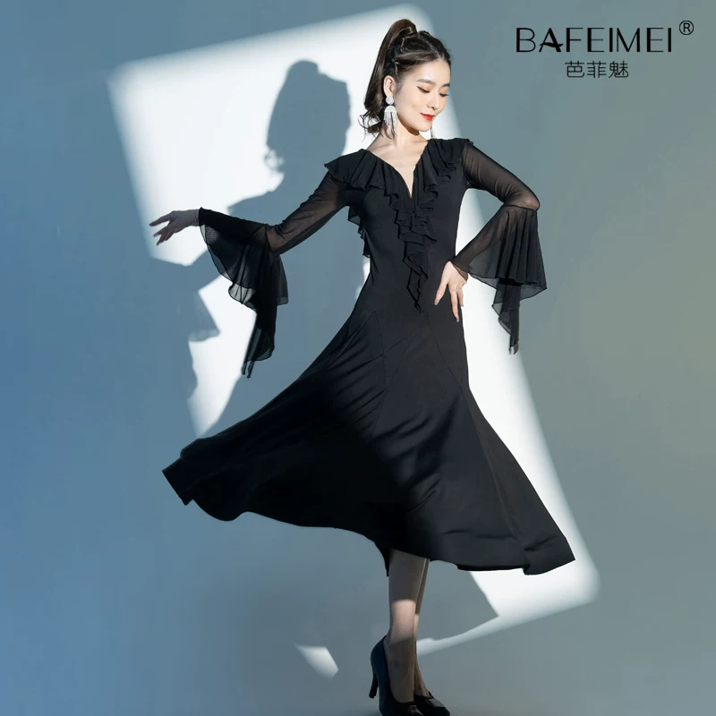 Новый современный латинский танцевальный юбка Country Standard Waltz Communication Dance Fun Sleeve Sleeping Performance Performance Clothes