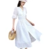 Váy mới 2019 của phụ nữ mùa hè khí chất là váy eo mỏng màu trắng cổ chữ V rất đẹp mùa xuân và váy mùa thu - Váy eo cao Váy eo cao