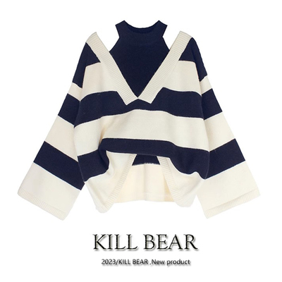 taobao agent Kill Bear Design Vero Fake two -piece striped sweater autumn and winter new Hong Kong style loose, lazy wind jacket