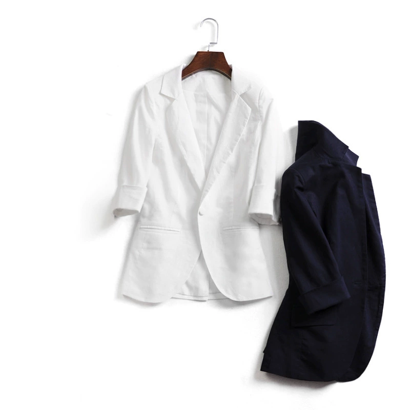 Mùa xuân và mùa hè OL đi lại nữ ngắn phần cotton mỏng và vải lanh phụ nữ lanh mỏng áo trắng 3/4 tay áo nhỏ phù hợp - Business Suit