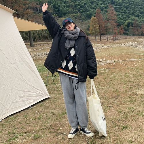 Демисезонный пуховик, длинные ретро джинсы с начесом, куртка, свободный крой, средней длины