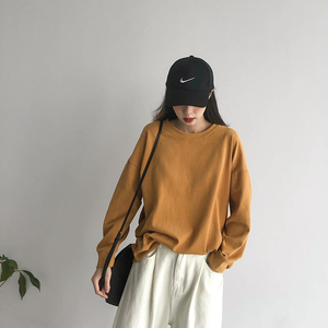 Bốn hi retro retro giản dị màu rắn vòng cổ áo thun áo len phụ nữ hoang dã dài tay áo 2018 mới