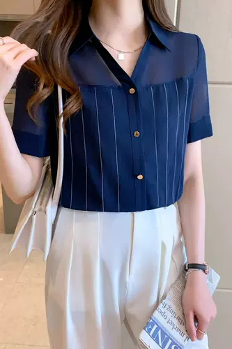 Летняя рубашка, шифоновый топ, сезон 2021, в корейском стиле, V-образный вырез