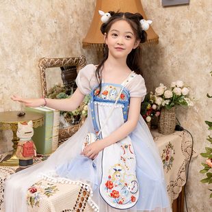 女の子の漢服の夏の新スタイル小、中、大子供用改良された中国古代スタイルのスカートスーパー妖精アリスパフスリーブドレス