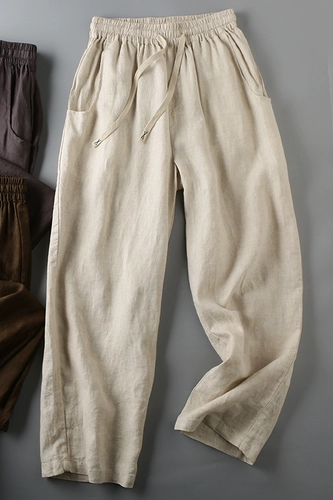 Комфортные летние дышащие штаны, 100% хлопок, из хлопка и льна, эластичная талия, свободный прямой крой