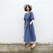 Suji Ange thiết kế ban đầu vòng cổ váy dài văn học retro kho báu màu xanh lỏng rắn màu váy mùa hè