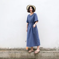 Suji Ange thiết kế ban đầu vòng cổ váy dài văn học retro kho báu màu xanh lỏng rắn màu váy mùa hè váy chân dài