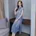 Denim váy 2018 mùa hè mới của phụ nữ Hàn Quốc phiên bản của tươi đơn ngực khe váy dài váy mỏng váy giảm béo