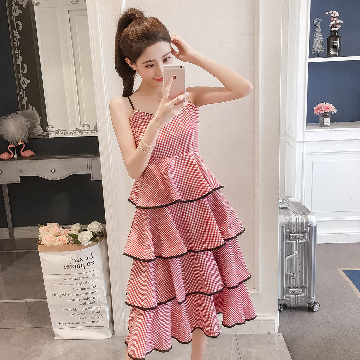 7297实拍现货视频女装修身吊带背心蛋糕裙荷叶边连衣裙夏长裙裙子