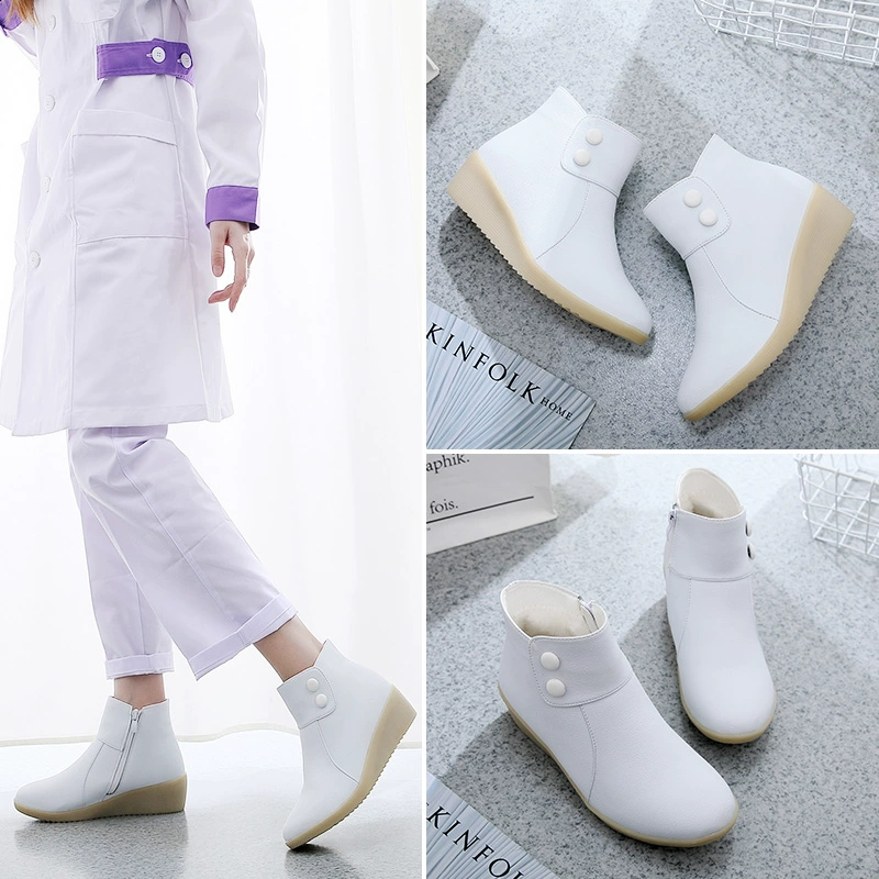 y tá trắng giày nữ mùa thu và mùa đông cộng với nhung giày đệm gân tại dốc cuối với mùa đông mới khởi động cao-top phẳng đáy mềm 