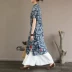 Mùa hè 2019 mới retro Trung Quốc phụ nữ in vải màu xanh khóa cotton chia tay váy ngắn sườn xám - Sản phẩm HOT
