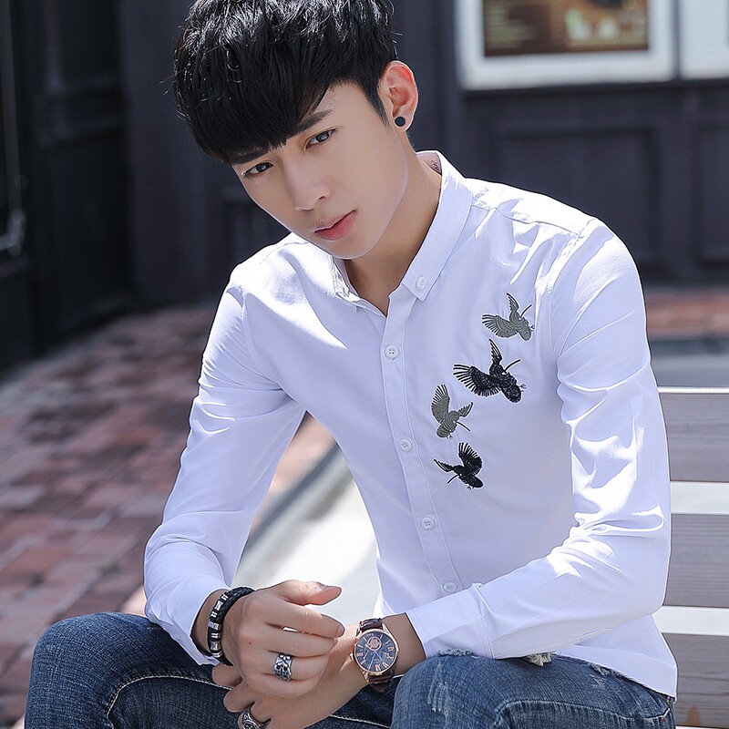 男装2017新款秋白衬衫男长袖韩版修身发型师工衣百搭帅气衬衣666