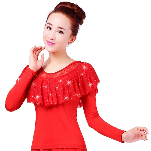 Квадратная танцевальная топ весна и лето новый стиль танцевальный топ большой размер сетка с длинным рукавом женская танцевальная одежда латиноамериканская танцевальная одежда бесплатная доставка