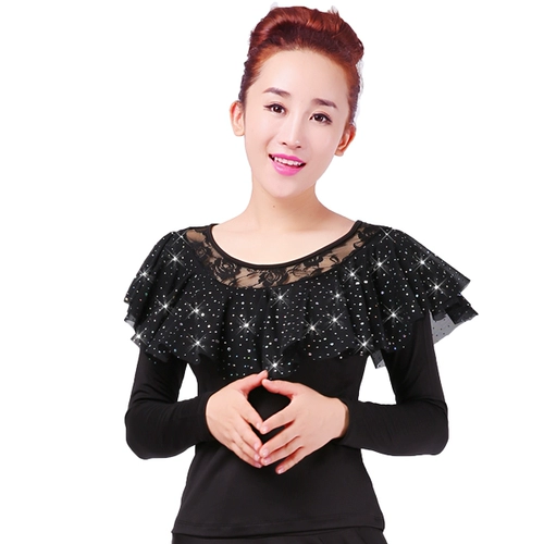 Квадратная танцевальная топ весна и лето новый стиль танцевальный топ большой размер сетка с длинным рукавом женская танцевальная одежда латиноамериканская танцевальная одежда бесплатная доставка