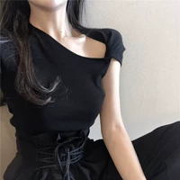 Hồng Kông phong cách retro slim slimming off-vai ngắn tay mỏng T-Shirt chic áo sơ mi nữ mùa hè 2018 new len áo len áo len dáng dài
