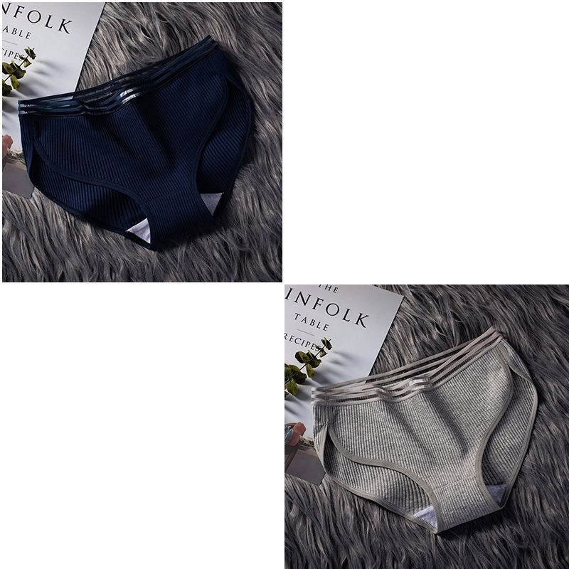 040 Black Blue + Grey2 strip / 3 strip ma'am underpants female pure cotton solar system Korean version Cotton girl student middle-waisted girl student Lace Briefs