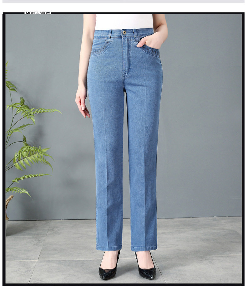 2022 new oversized jeans for middle-aged and elderly people, women's jeans, straight-leg pants, high-waisted stretch mom pants, overweight and plus-size