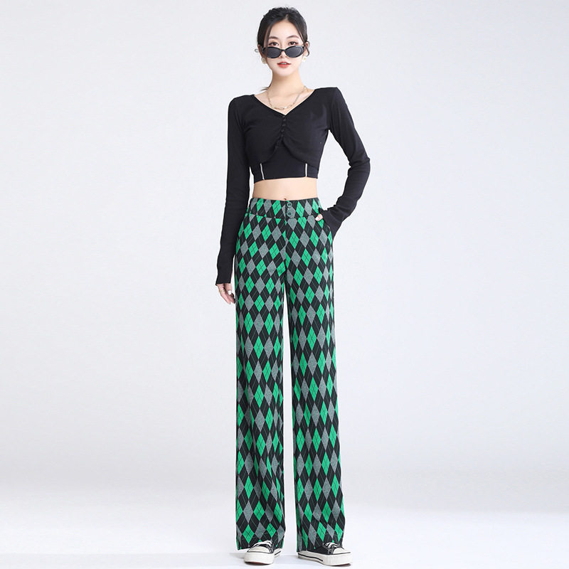2022 Spring/Summer new trendy women's floor-length pants, fashionable checked wide-leg pants, women's casual and versatile wide-leg straight-leg pants Specification image