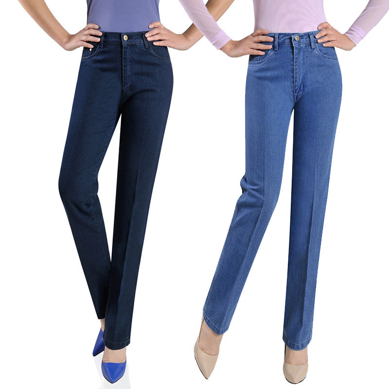 Spring wear: Middle-aged and elderly jeans, women's straight-leg pants, women's denim long pants, high-waisted, large-sized, elastic loose pants for mothers details Picture