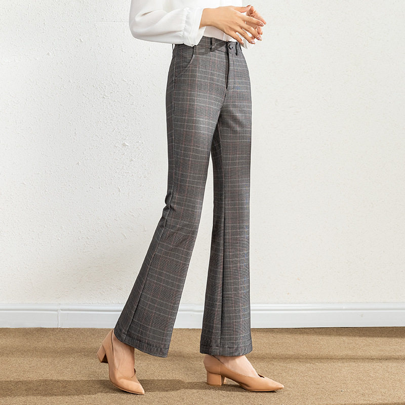 Striped stretch slimming women's pants 2021 Autumn new style thousand bird check flared pants, casual pants, high-waisted long pants, slightly flared pants Specification image