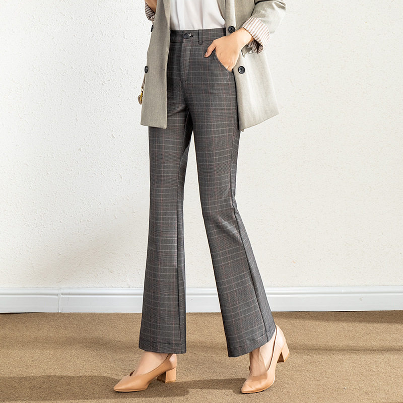 Striped stretch slimming women's pants 2021 Autumn new style thousand bird check flared pants, casual pants, high-waisted long pants, slightly flared pants