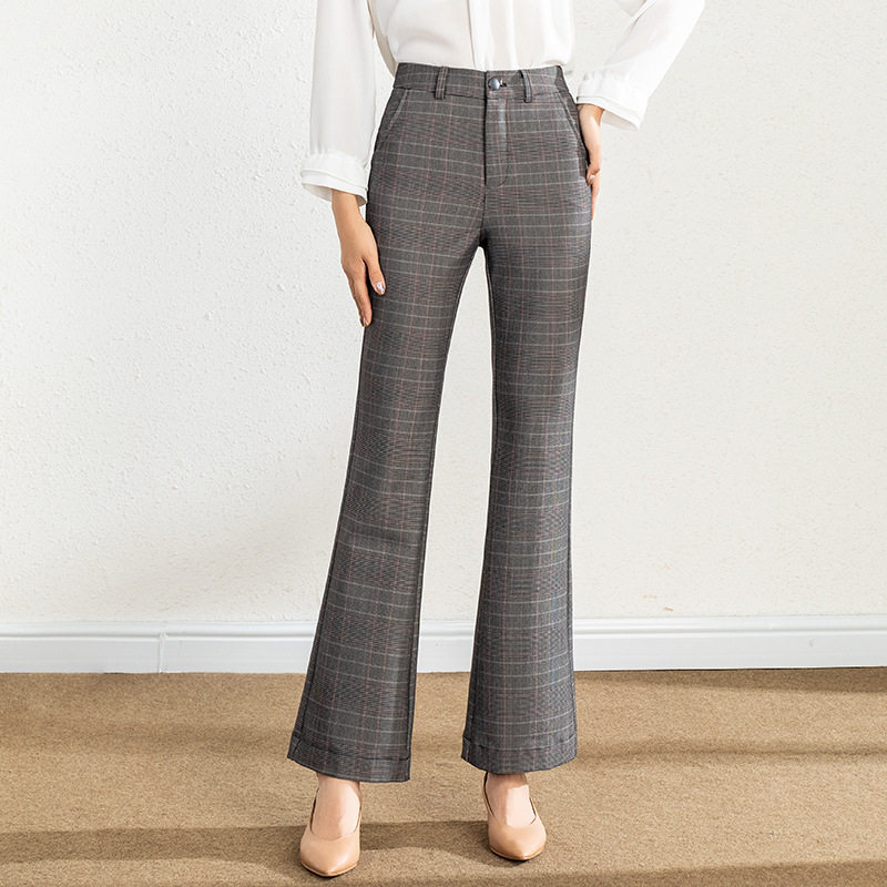 Striped stretch slimming women's pants 2021 Autumn new style thousand bird check flared pants, casual pants, high-waisted long pants, slightly flared pants details Picture