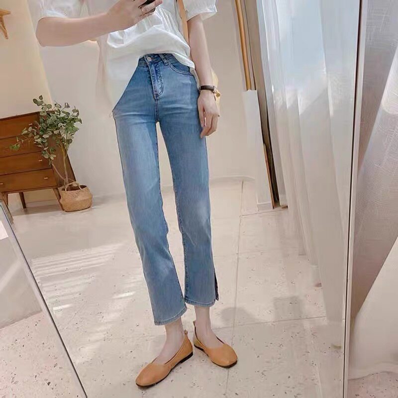Light blue slit cigarette tube straight-leg jeans for women's summer 2022, a new thin high-waisted petite pants details Picture