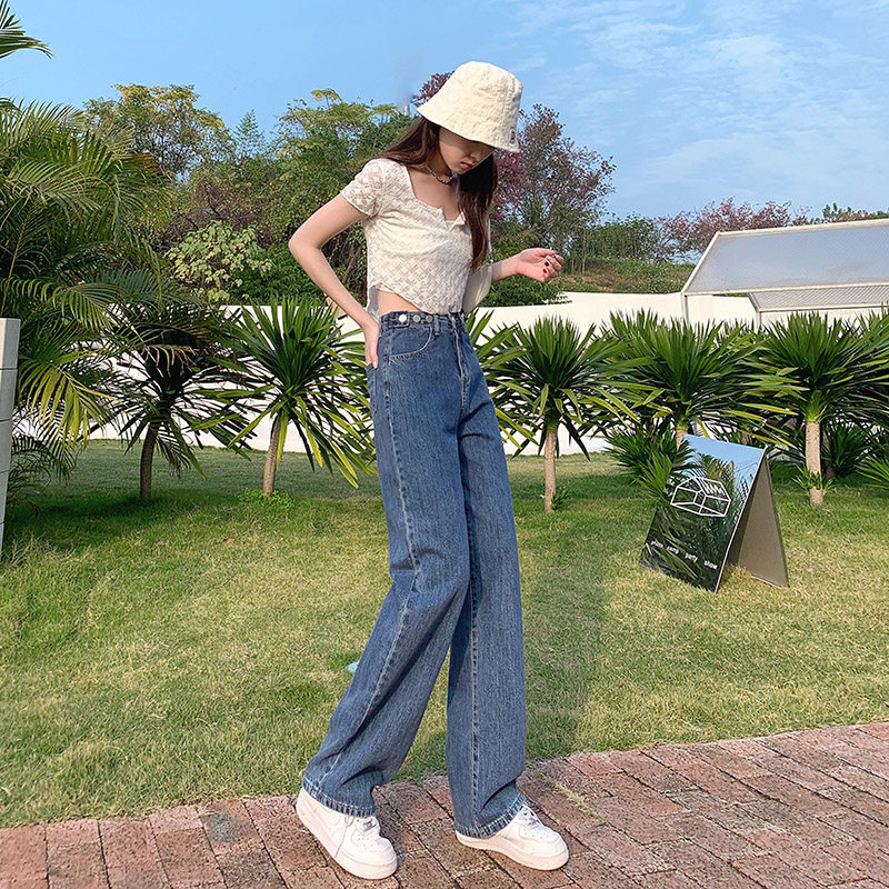 High-waisted loose straight-leg jeans for women's spring/Summer 2022, thin new style, wide-leg floor-length pants with a draping feel details Picture