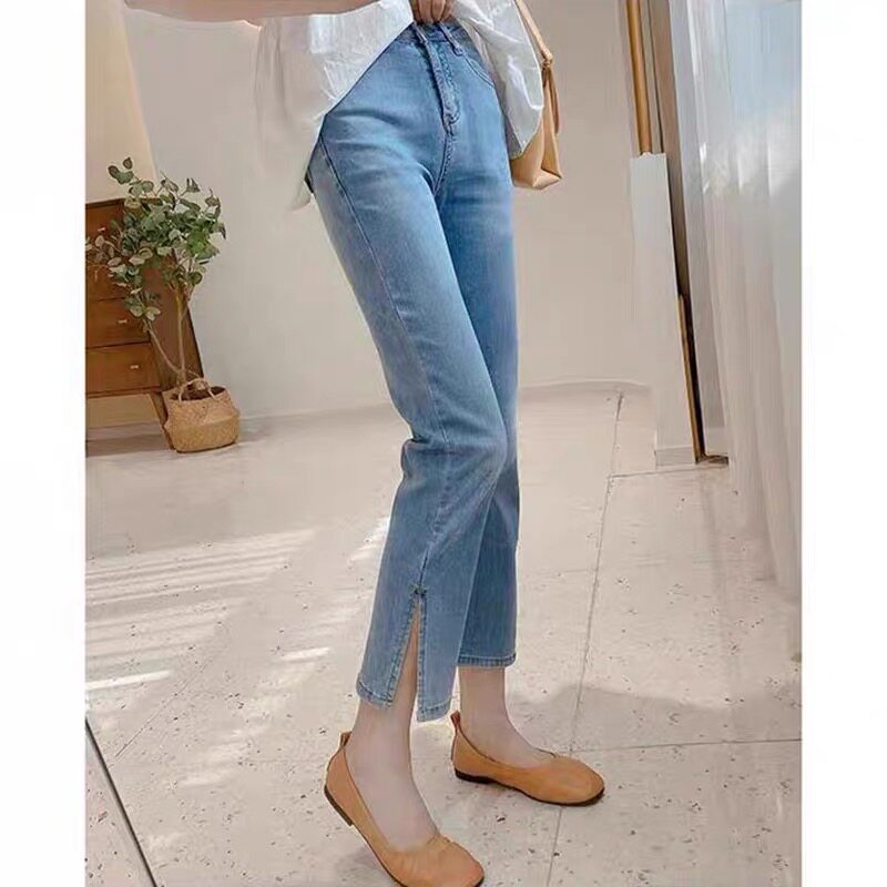 Light blue slit cigarette tube straight-leg jeans for women's summer 2022, a new thin high-waisted petite pants Specification image