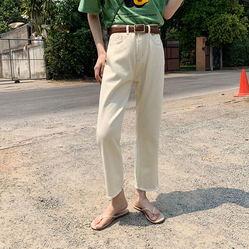 Beige high-waisted loose straight-leg jeans for women's summer 2022, a thin new style of petite apricot pants Item Picture