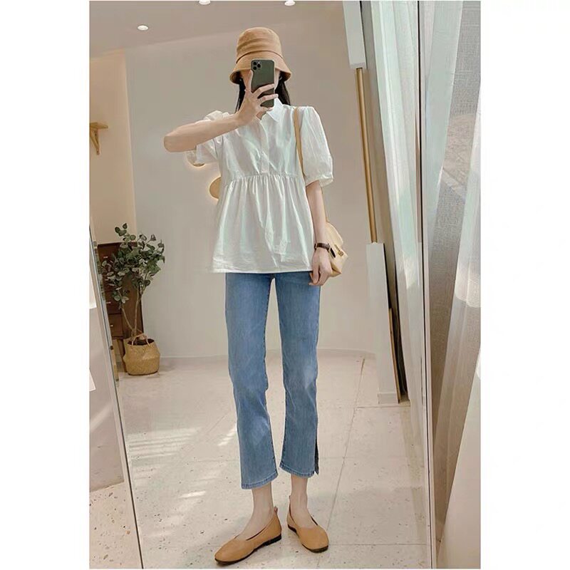 Light blue slit cigarette tube straight-leg jeans for women's summer 2022, a new thin high-waisted petite pants Application Scenario