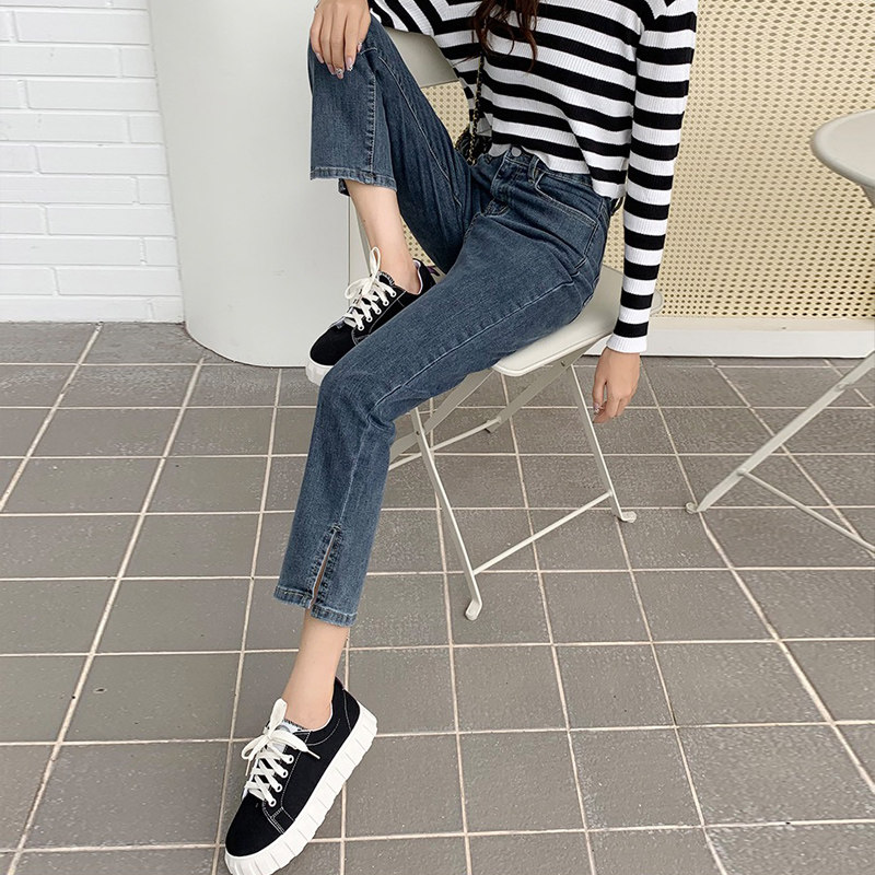Blue-gray split straight jeans for women in the summer of 2022, a thin new high-waisted and petite cigarette tube pants Application Scenario