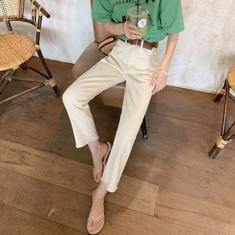 Beige high-waisted loose straight-leg jeans for women's summer 2022, a thin new style of petite apricot pants details Picture