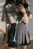 Ma ngựa cô gái Harajuku phong cách thiết lập ~ korea sang trọng cổ điển kiểm tra áo sơ mi + mỏng eo cao xếp li váy