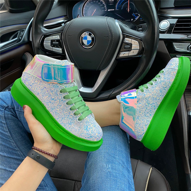 Grass Green Background (Top Version)Gao Bang Sequins Autumn and winter Real cowhide Star of the same style Mai Kun Little white shoes men and women lovers Thick bottom Internal elevation Muffin