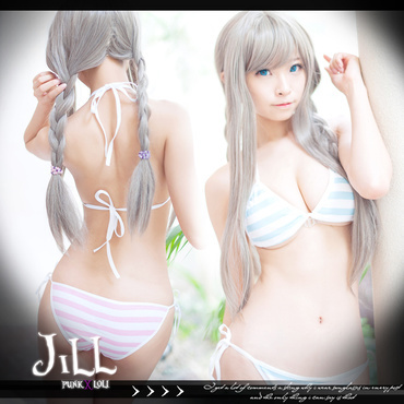 taobao agent O Jier o cute cute girl two -dimensional pool lace tie candy color striped swimwear bikini