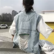 Phụ nữ mùa hè phiên bản Hàn Quốc cá tính giặt áo len denim lỗ hoang dã áo khoác vest giản dị - Áo vest