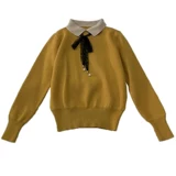 Лонгслив, трикотажный осенний свитер, воротник поло, свободный прямой крой, в корейском стиле