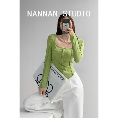 taobao agent Zhang Xiaonai Nannan street hot girl wind anti -line stitching single -breasted T -shirt female slim waist long -sleeved sweater