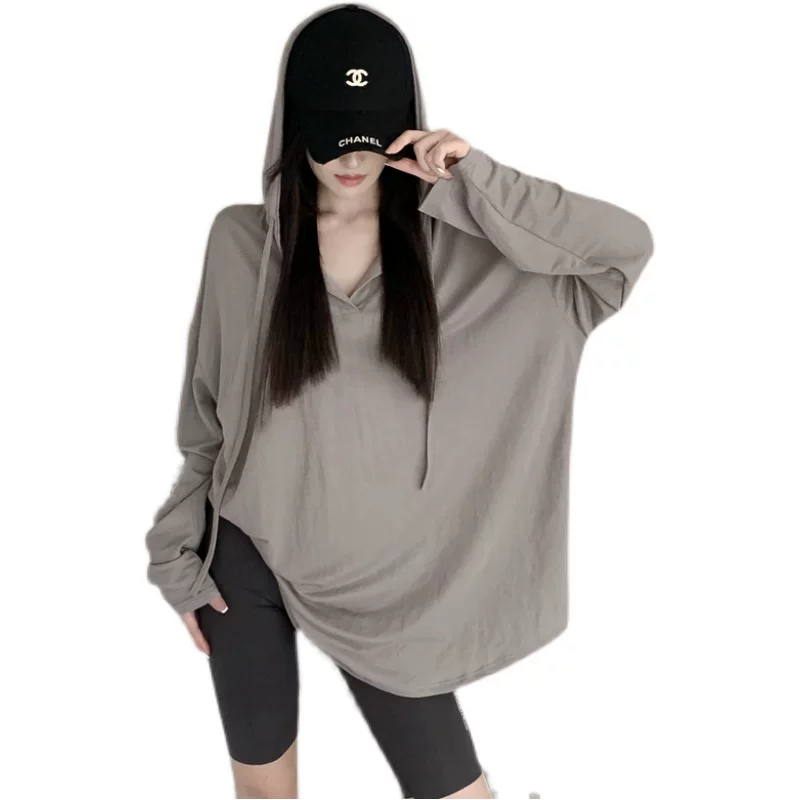 Летняя тонкая футболка с длинным рукавом для беременных с капюшоном, oversize, V-образный вырез, солнцезащита